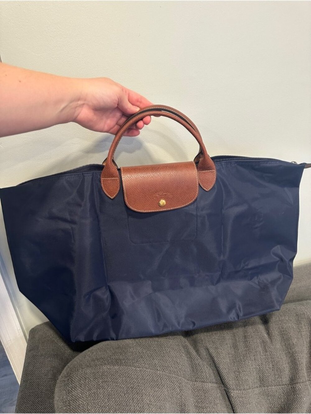 Longchamp Le Pliage Travel Bag with Brown Leather Trim